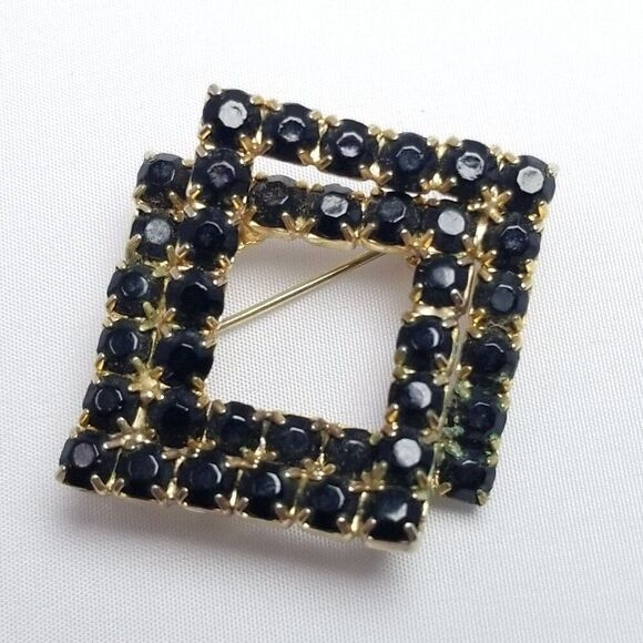 Vintage Black Rhinestone Double Square Shape Brooch, Gold Tone Setting, Estate - Picture 2 of 6